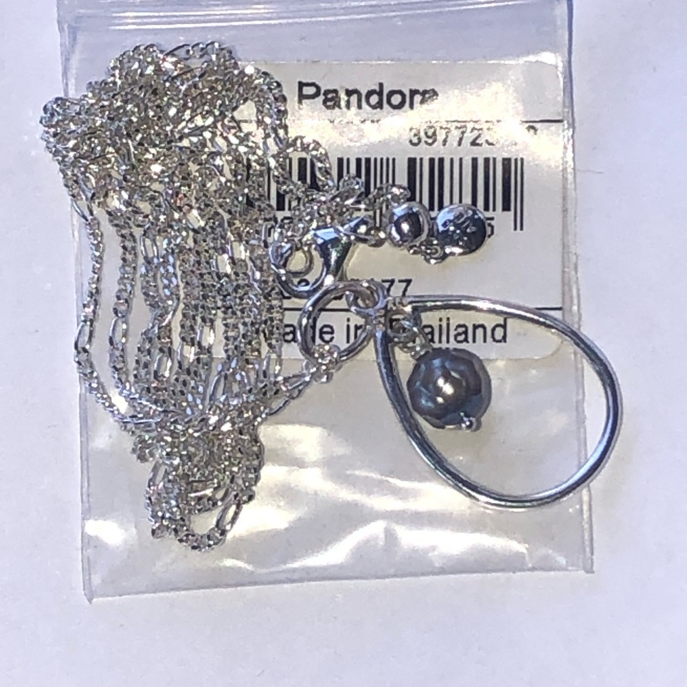 Pandora Silver Teardrop Necklace with Dark Gray Pearl